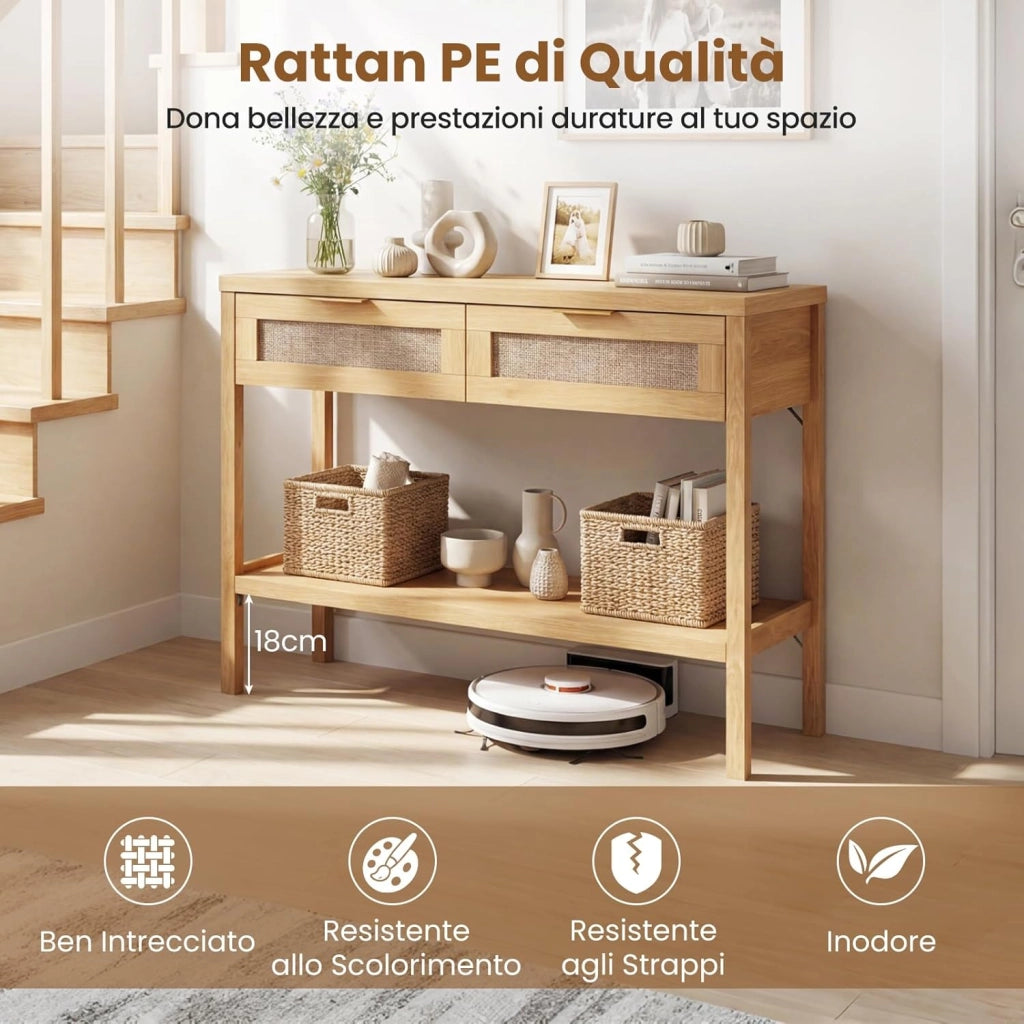 Tavolo Consolle, Tavolino da Divano in Legno con Doppio Cassetto, Ripiano Inferiore e Ampio Piano, Kit Antiribaltamento, Consolle per Ingresso, Corridoio e Soggiorno (Naturale)