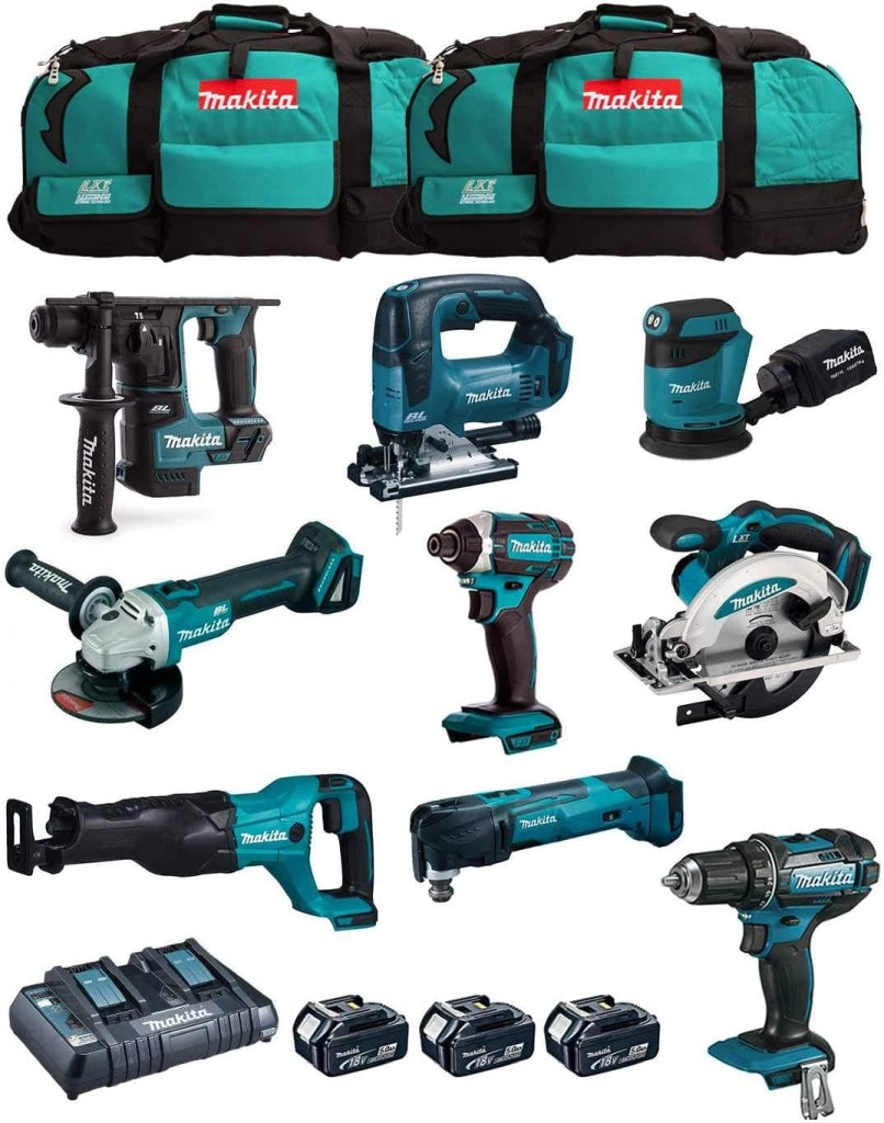 MAKITA Kit MK901 (DDF482 + DHR171 + DGA504 + DTD152 + DJV182 + DSS610 + DJR186 + DBO180 + DTM51 + 3 Batterie 5,0 Ah + Caricabatterie + 2 x LXT600)