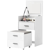 Tavolo da Trucco in Legno con Specchio Ribaltabile, 2 Cassetti e Sgabello, 50x40x113.5 cm, Bianco