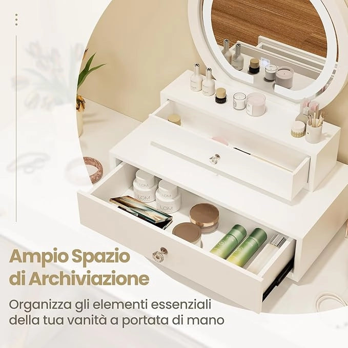 Toeletta da Trucco con Luci, Consolle Toeletta da Parete, con Specchio Moderno e 2 Cassetti Rimovibili, per Camera da Letto o Bagno, Bianco, 50 x 26 x 59,5 cm
