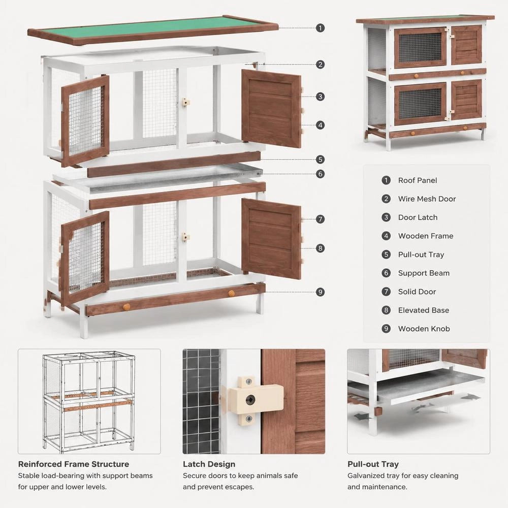 Rabbit Hutch With 4 Doors, Brown Wood
