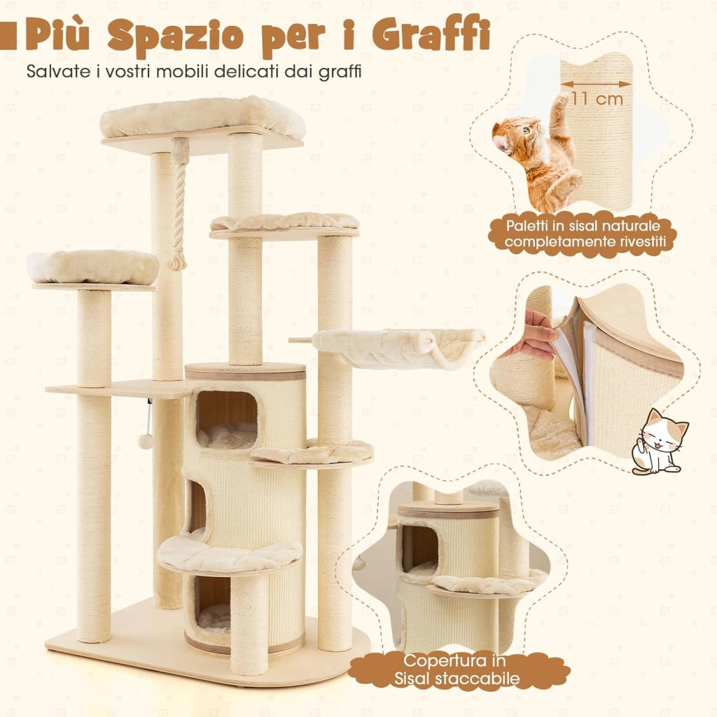 Albero Tiragraffi da 173 cm per Gatti, Torre per Gatti in Legno con Nicchia a 3 Piani, 2 Cucce Tiragraffi, Piattaforme, Amaca, Mobili Moderni per Gatti da Interno (Beige)