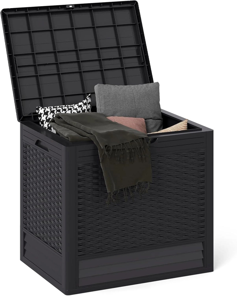 Contenitore da 96L, Scatola da Terrazza in PP Impermeabile per Uso Interno ed Esterno, Contenitore con Design in Rattan Chiudibile a Chiave per Consegna Pacchi (Nero)