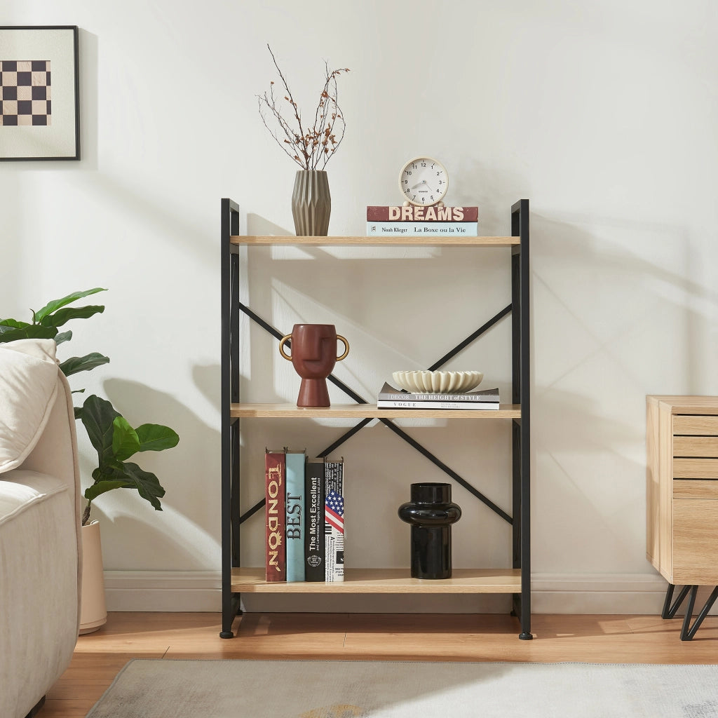 Libreria Skørping a 3 Ripiani Scaffale da Terra 90 x 65 x 30 cm - Nero / Effetto Rovere [en.casa]