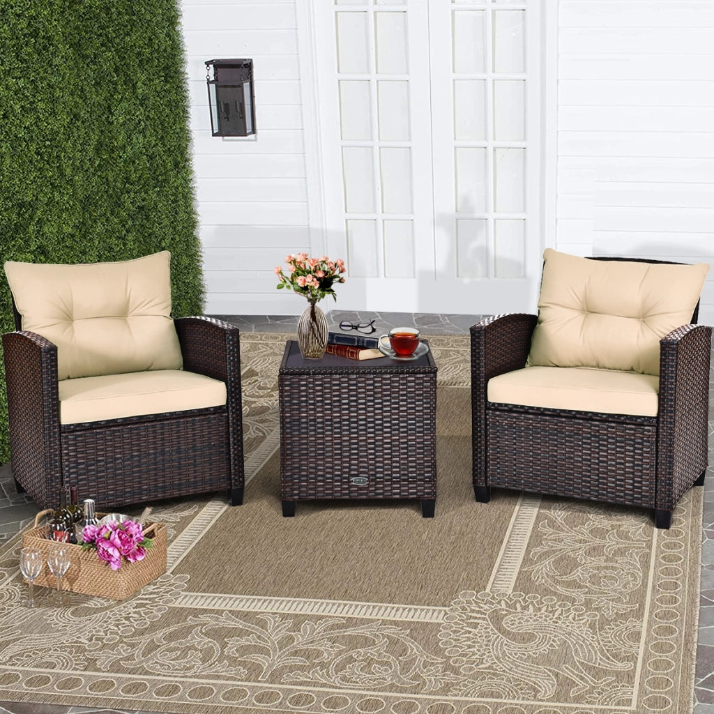 Set 3 pezzi in rattan PE da esterno con cuscino lavabile e superficie in vetro temperato, Set divano da cortile Marrone