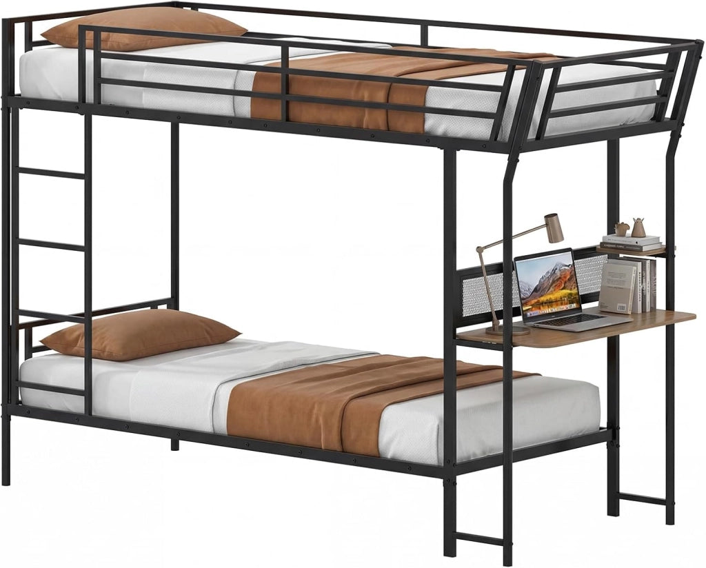 Letto a Castello con Scrivania, 90x190 cm, Struttura Letto in Metallo con Postazione di Lavoro in Legno, con Sponde di Sicurezza e Scala, Lettino Loft Carico 220 kg