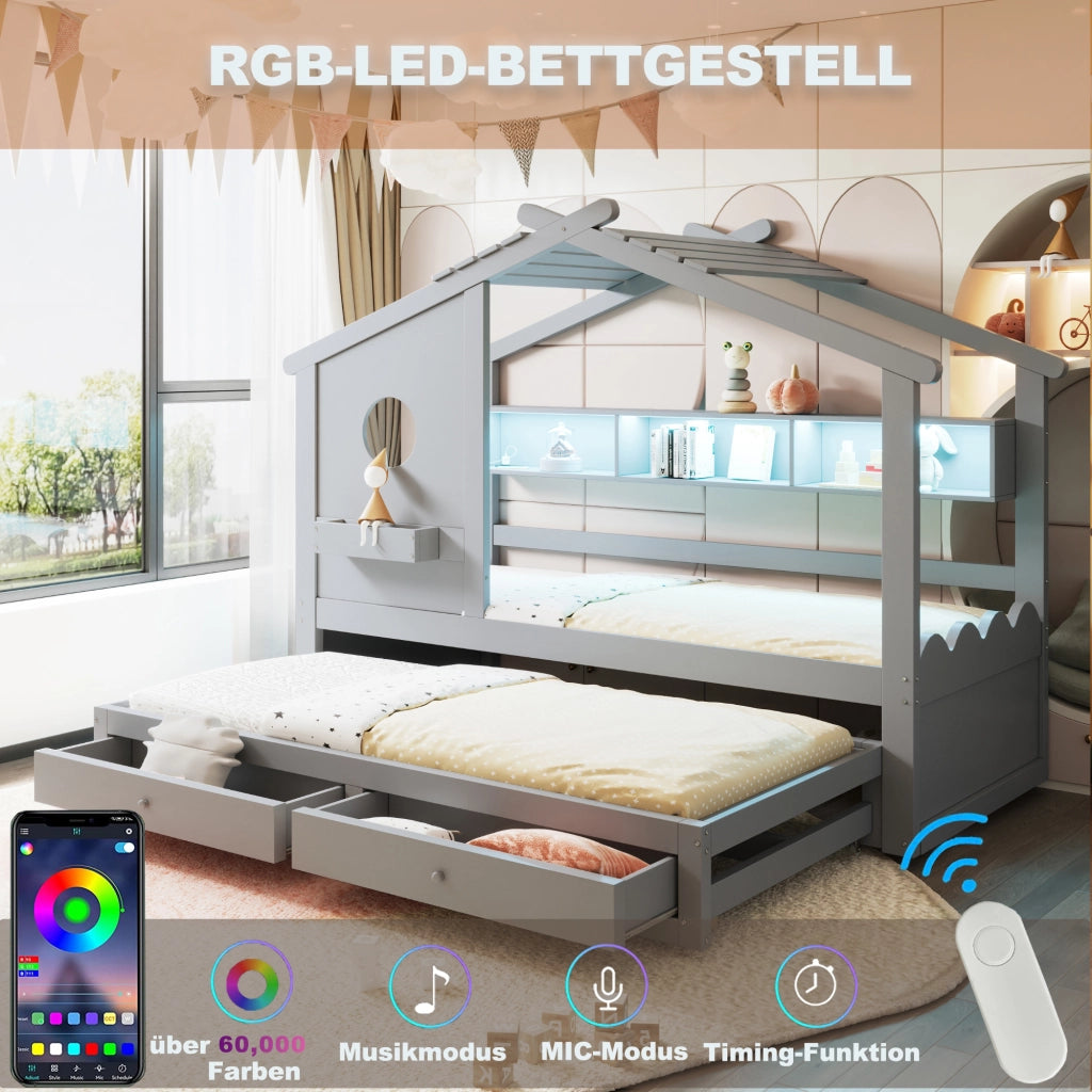 Letto 90200 grigio letto extra 90190 design casa cassetti USB+Tipo-C+LED mensole multifunzionali