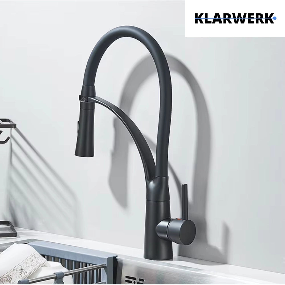 JANA | Rubinetto cucina girevole flessibile in acciaio inox nero opaco|Rubinetto miscelatore arco alto|Rubinetto alta pressione 360° 2 attacchi gastro