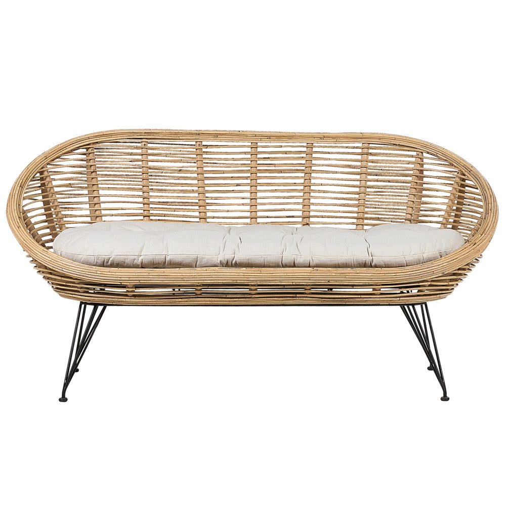 Set di divani a 4 posti in rattan naturale beige chiaro con cuscini in cotone per interni e per esterni in stile bohémien per il giardino e il balcone.