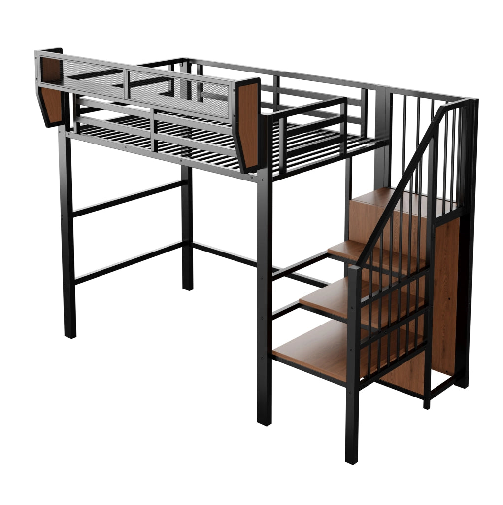 Letto a soppalco in metallo con LED; scala e ripiano regolabile; 90 x 200 cm; nero