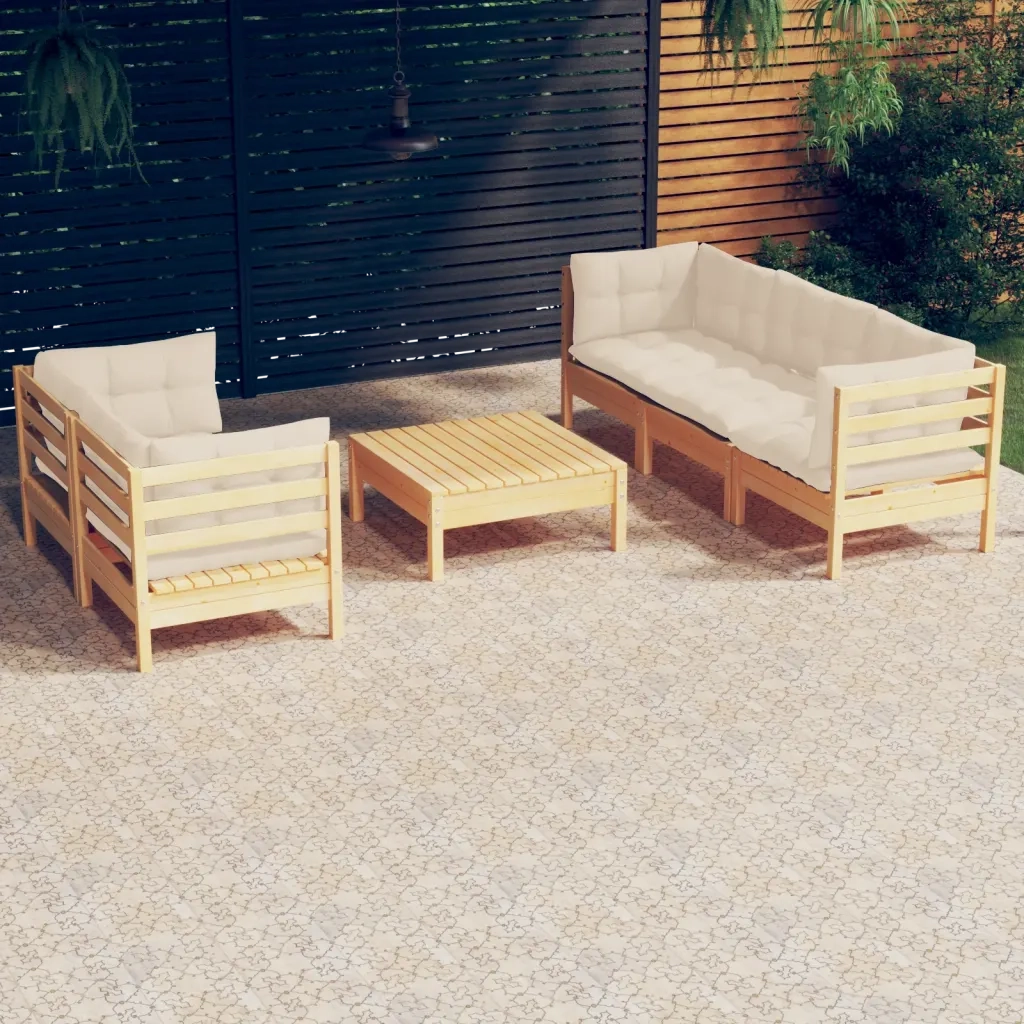 Set Salotto da Giardino 6 pz con Cuscini Crema Legno di Pino 3096112