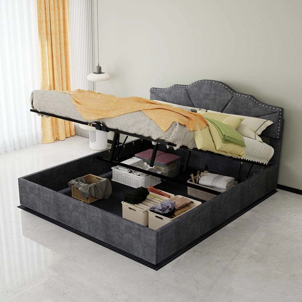 Letto Matrimoniale Contenitore Imbottito con Testiera e Materasso ¨C MINIMAL ¨C Grigio, 160x200, Idraulico