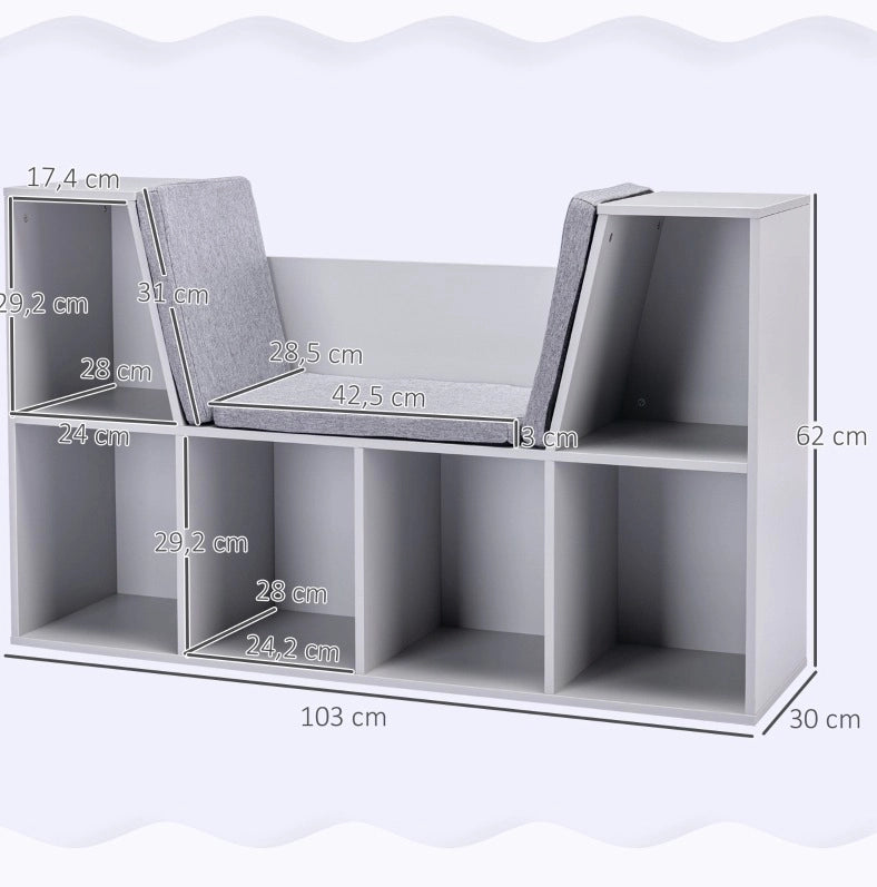Libreria per bambini grigia con panca, 6 vani e 3 cuscini 103x30x62 cm