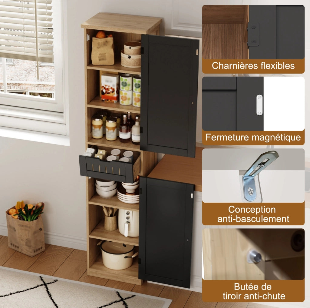 Credenza da cucina 170x40x30 cm in MDF naturale e nero; con 4 ripiani regolabili