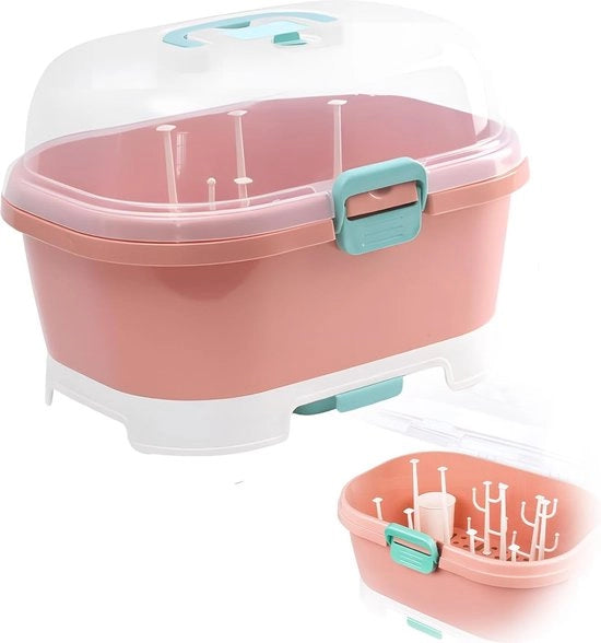 Porta biberon portatile con cappuccio in tessuto, contenitore di raccolta, 37,5 x 29,5 x 26 cm, standard di essiccazione, biberon, scatola di conservazione per ciotola da bebè, biberon, polvere di latte (rosa)