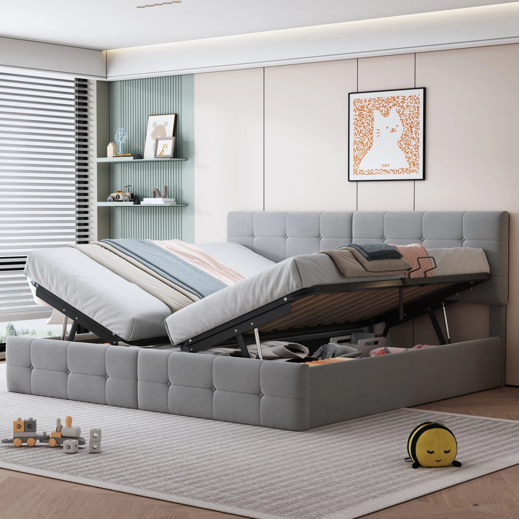 Letto matrimoniale – 180x200 cm – idraulico contenitore multiuso – velluto grigio