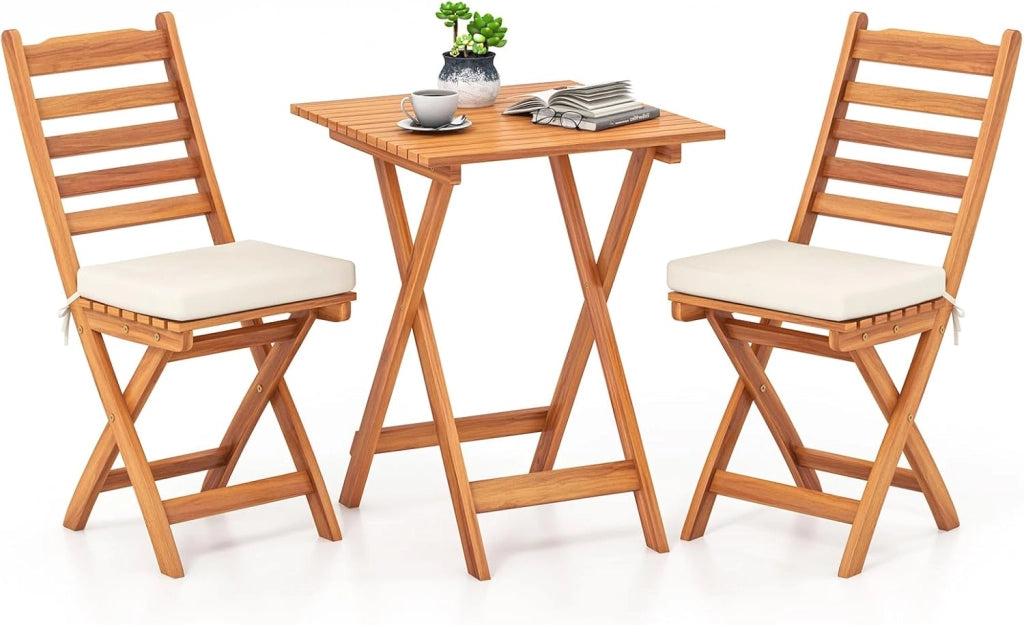Mobili da balcone piccolo balcone, tavolo da bistrot con 2 sedie, set di mobili da giardino in legno pieghevole, set da balcone per esterni, per 2 persone, set da giardino con cuscino