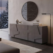 Credenza moderna a 4 ante e 3 Zeus, Made in Italy, Madia da cucina, Buffet di design da soggiorno, cm 224x44h86, colore Grigio Ardesia