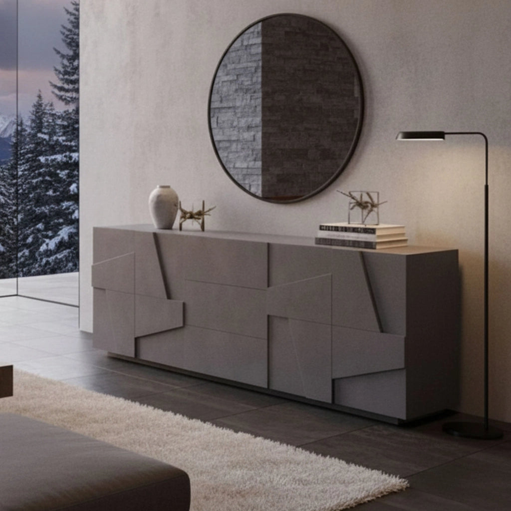 Credenza moderna a 4 ante e 3 Zeus, Made in Italy, Madia da cucina, Buffet di design da soggiorno, cm 224x44h86, colore Grigio Ardesia