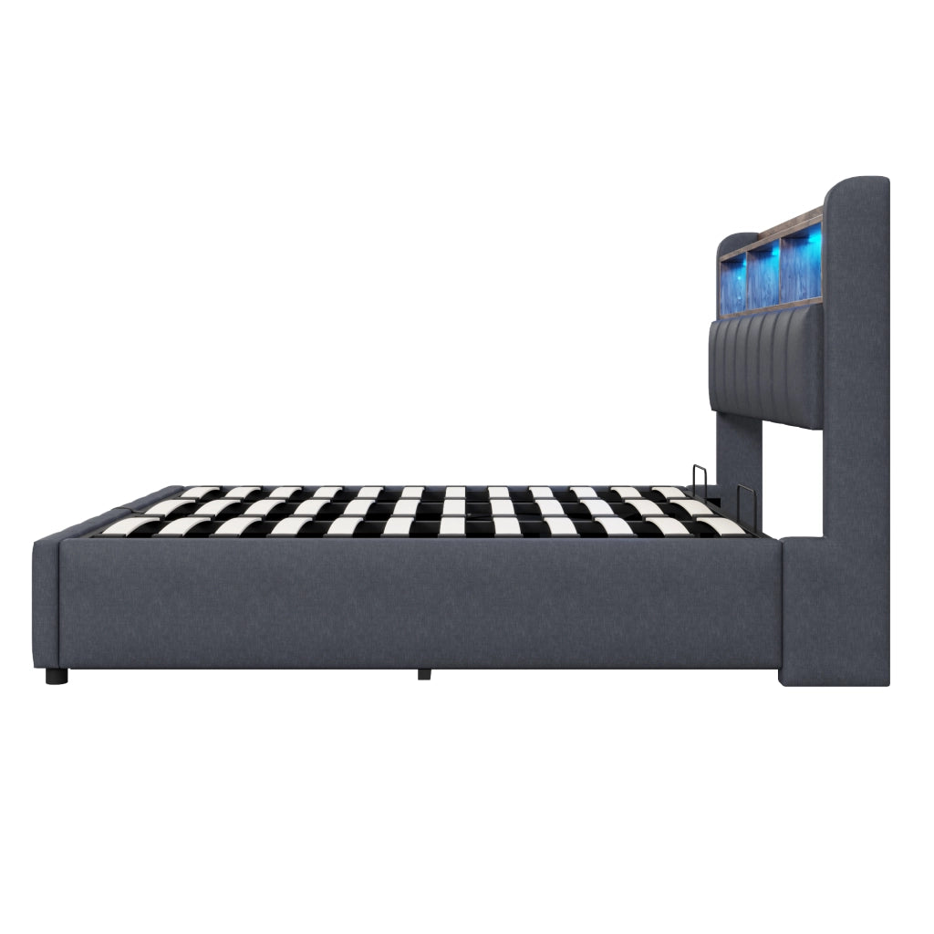 Letto Contenitore 180x200 cm con LED; USB; Type-C e Mensole; in Tessuto Grigio