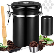 Caffettiera aereostatica da 1,8L con cucchiaio - Caffettiera sigillata per caffè in grani - Teiera e 5 valvole incluse - Caffettiera aereostatica contenitore vuoto per caffè, cioccolato, notizie di tè - Nero