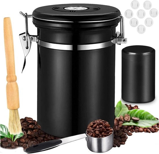 Caffettiera aereostatica da 1,8L con cucchiaio - Caffettiera sigillata per caffè in grani - Teiera e 5 valvole incluse - Caffettiera aereostatica contenitore vuoto per caffè, cioccolato, notizie di tè - Nero
