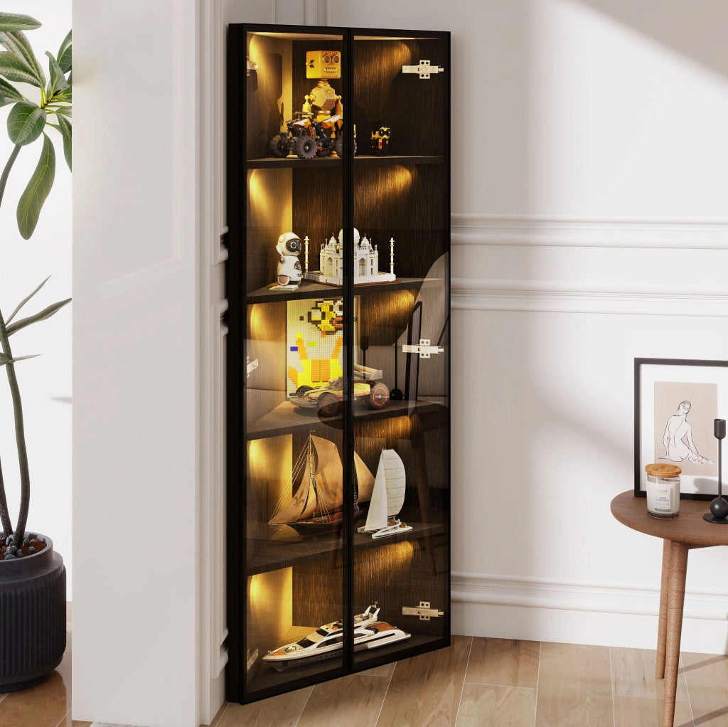Vetrina angolare 62x35x160 cm nera MDF e vetro, LED integrati