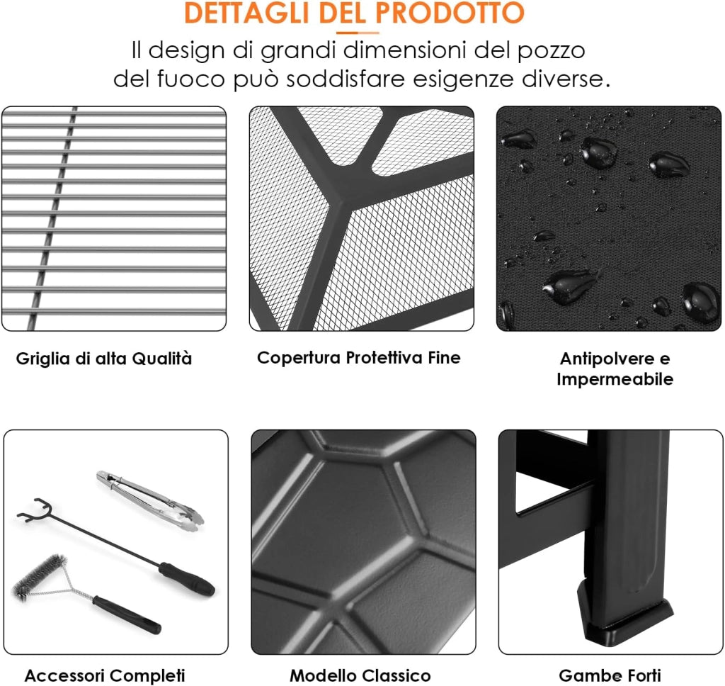 Braciere Barbecue con Griglia, Braciere da Esterno, 81cm Braciere da Giardino in Ferro,con Griglia, Attizzatoio,Parascintille, Copertura Impermeabile,Pinze per Grill,Spazzola,4 pcs Gamba