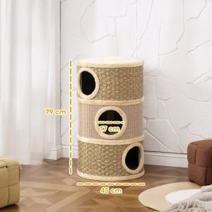 Torre tiragraffi per gatti a 3 livelli, 79 cm, con grotta e rivestimento in sisal, Khaki/Marrone