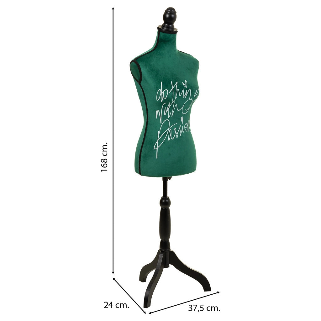 Manichino in legno e schiuma rivestito in tessuto verde 24x37,5x168h