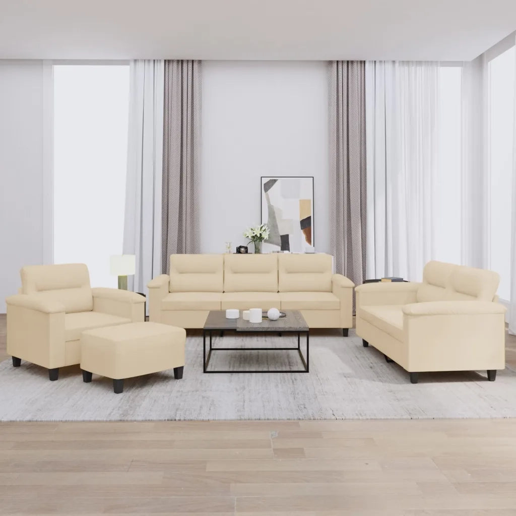 Set Divani 4 pz con Cuscini Crema in Tessuto Microfibra