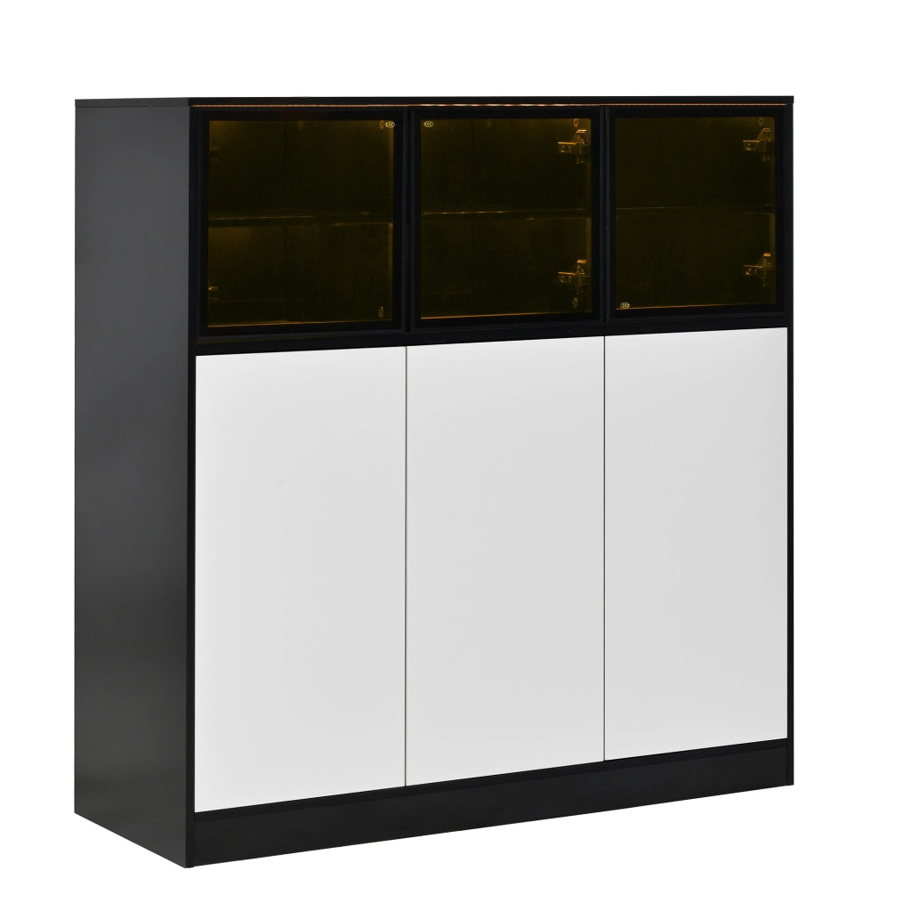 Credenza contenitore con luci LED, 6 ante e 14 scomparti, 100 x 40 x 105 cm, nero e bianco