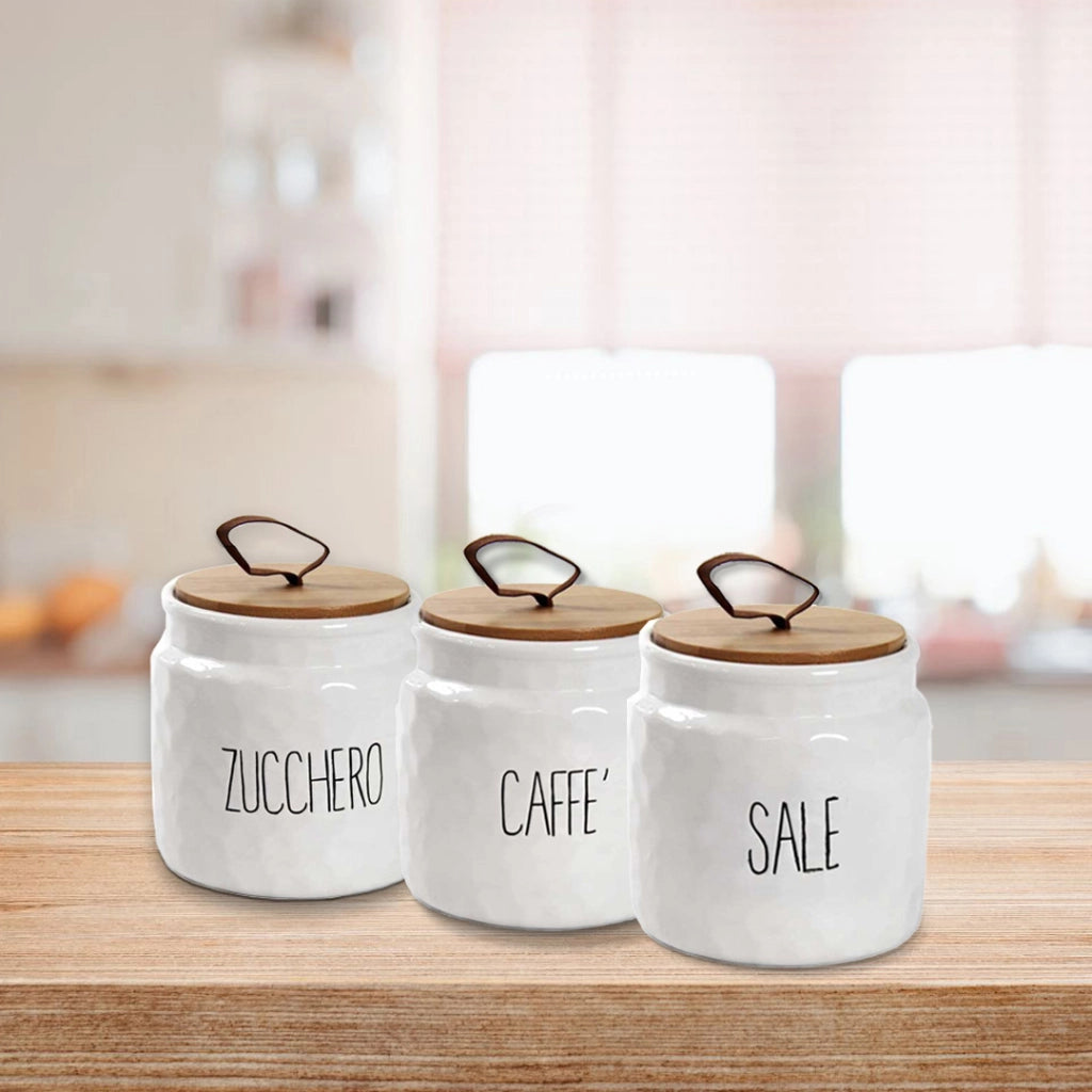 TRIS BARATTOLI MODELLO ONDULATO PER SALE ZUCCHERO E CAFFÈ 14 CM BIANCO CON TAPPO IN LEGNO