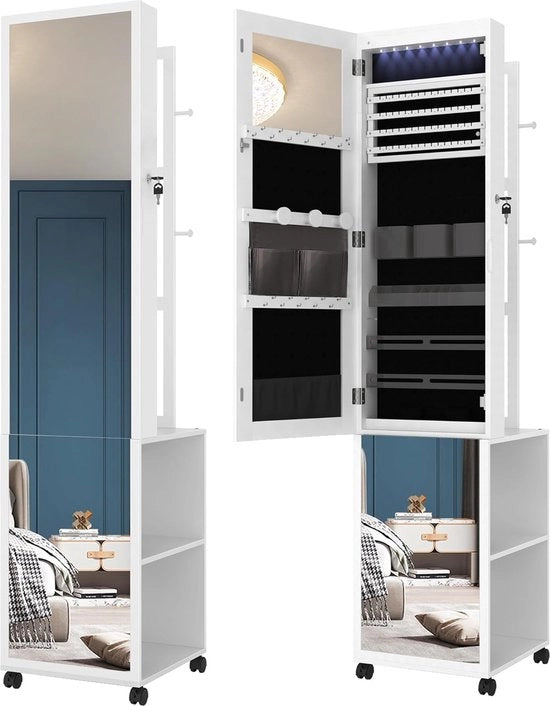 Organizzatore di gioielli, comodino con specchio, organizzatore di accessori in stile a muro con 1 gruccia per abiti, 3 pannelli a 3 ante con 4 ganci per abiti