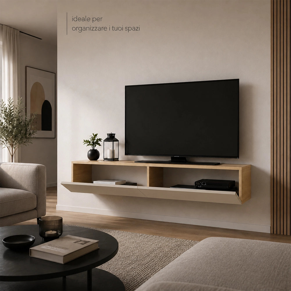 Mobile Porta Tv Sospeso da Salotto con 2 Cassetti Quercia e Sabbia 135x31.5x25cm