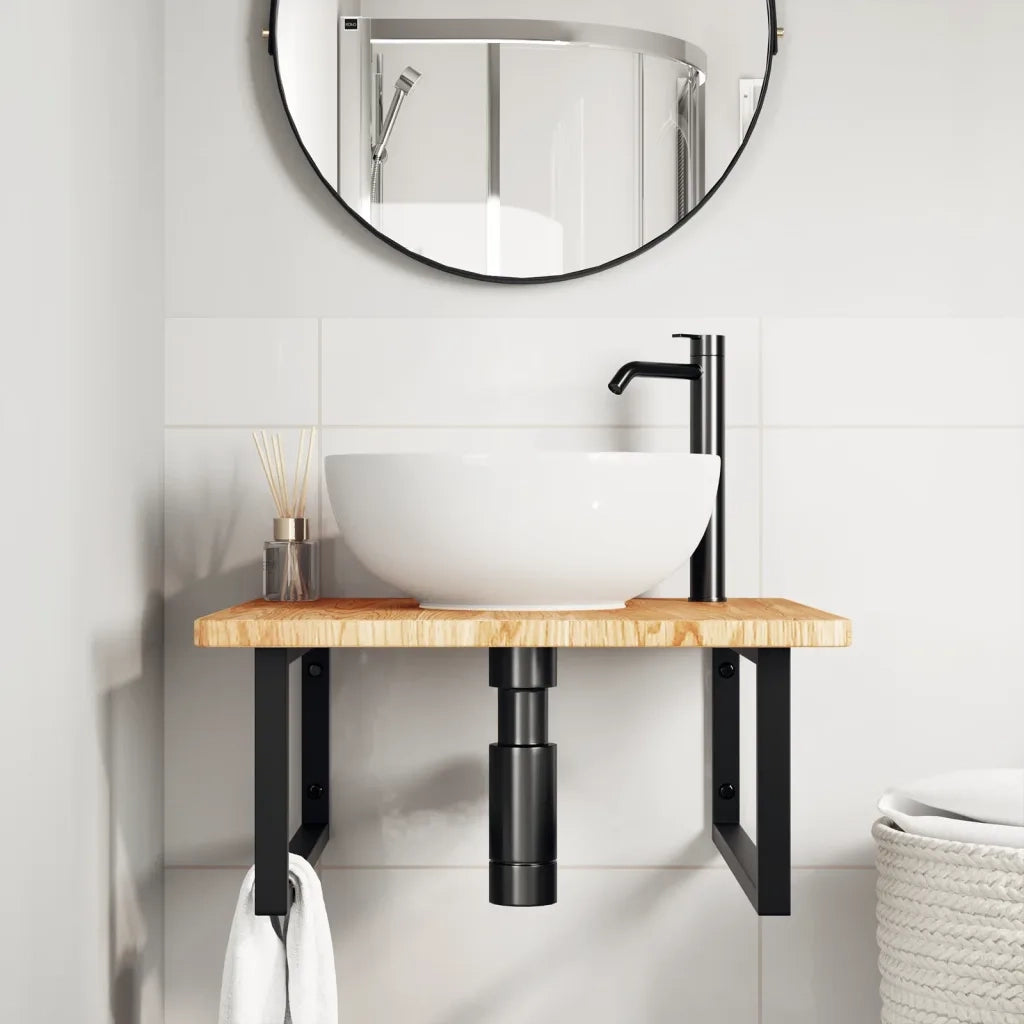 Ripiano a Parete per Lavabo in Acciaio e Massello di Rovere