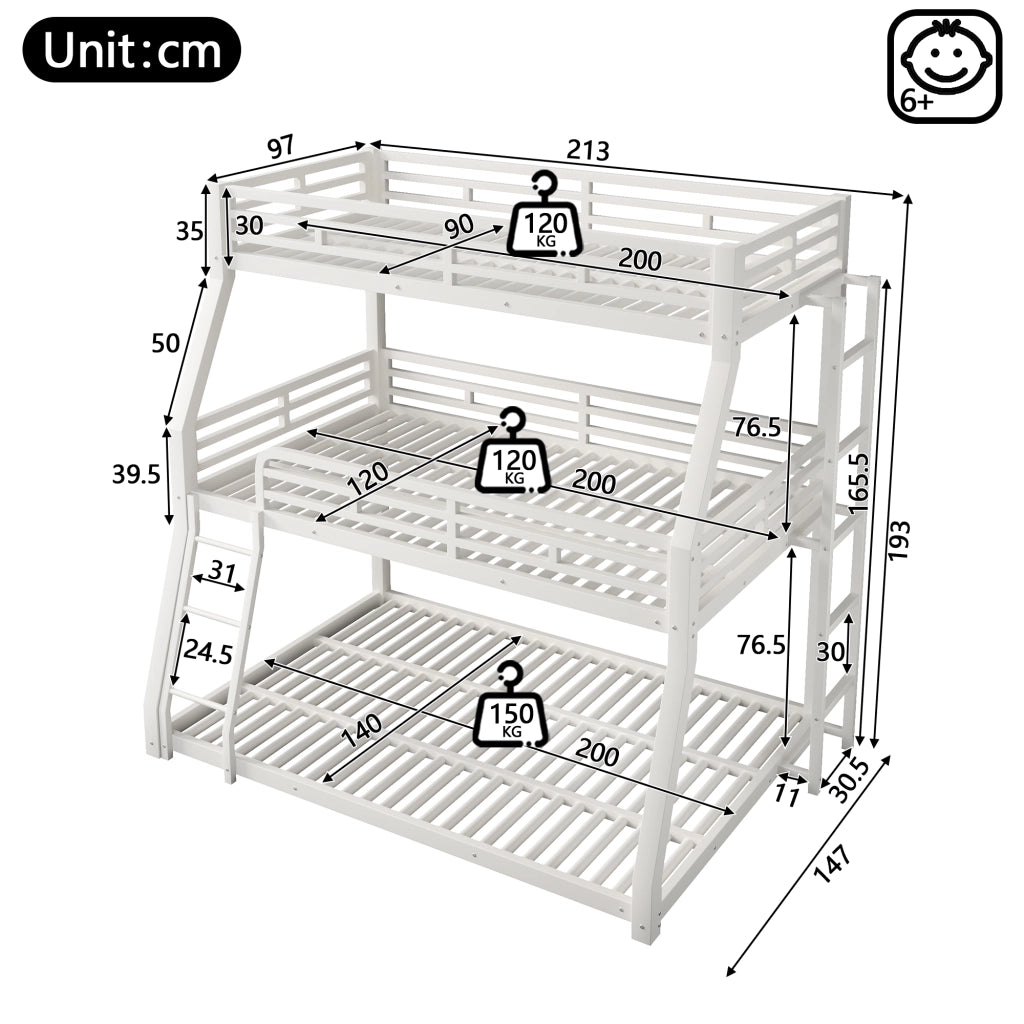 Letto a castello 90×200 cm e 120×200 cm e 140×200 cm con scala e sponde; senza materasso; metallo; bianco