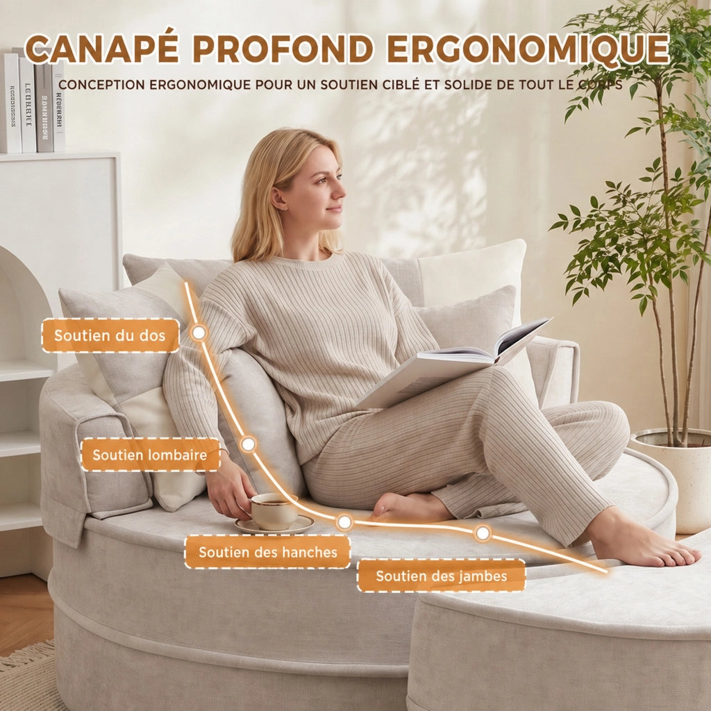 Poltrona rotonda senza montaggio con ottomana e 5 cuscini in schiuma chenille grigio per soggiorno 121 × 107 cm