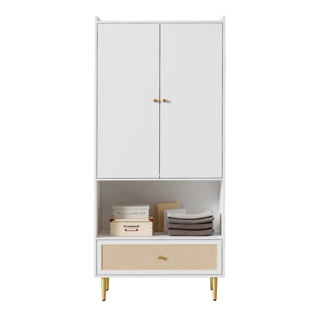 Armadio bianco con cassetto in rattan 80x48x175 cm
