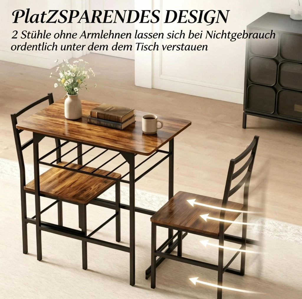 Set tavolo da pranzo ULEVR 80x50 cm con 2 sedie e ripiano, metallo e pannello truciolare marrone rustico e nero