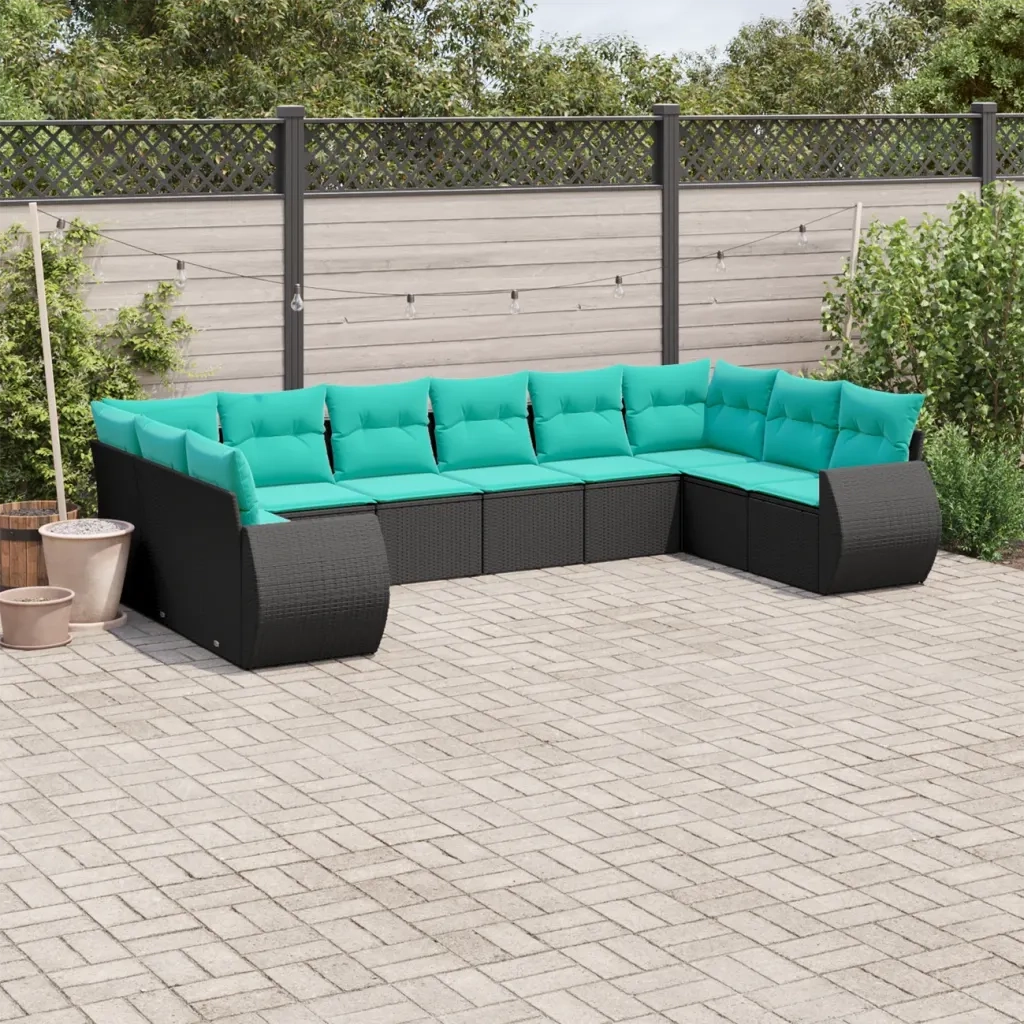 Set Divani da Giardino 10 pz con Cuscini Nero in Polyrattan 3221866