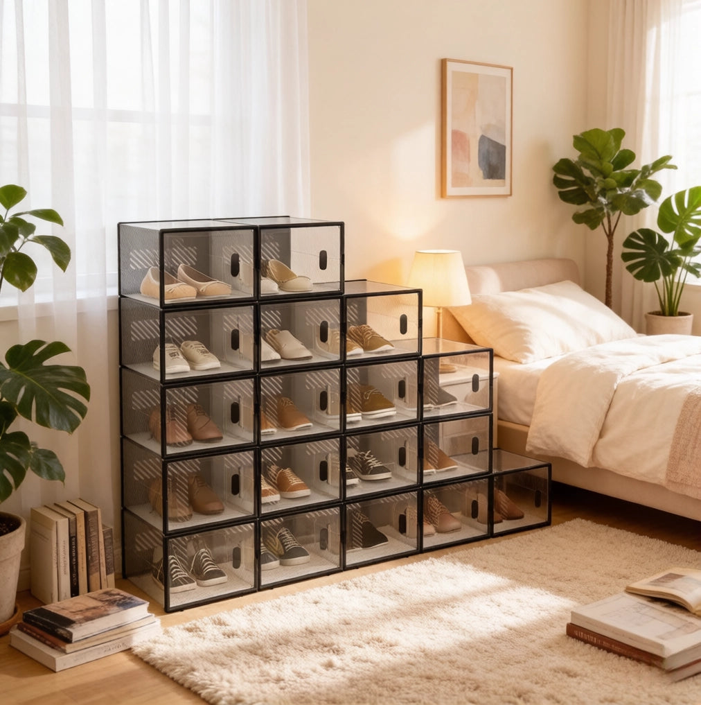Set di 18 scatole per scarpe impilabili trasparenti nere