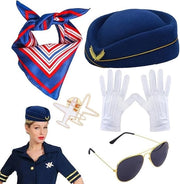 Set di accessori di uniforme per hostess, Badge, Cappello, Guanti, Occhiali da sole, Puntaspilli aereo e Sciarpa a strisce per donna, Peso circa 220g