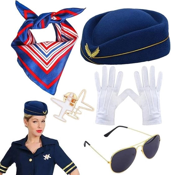 Set di accessori di uniforme per hostess, Badge, Cappello, Guanti, Occhiali da sole, Puntaspilli aereo e Sciarpa a strisce per donna, Peso circa 220g
