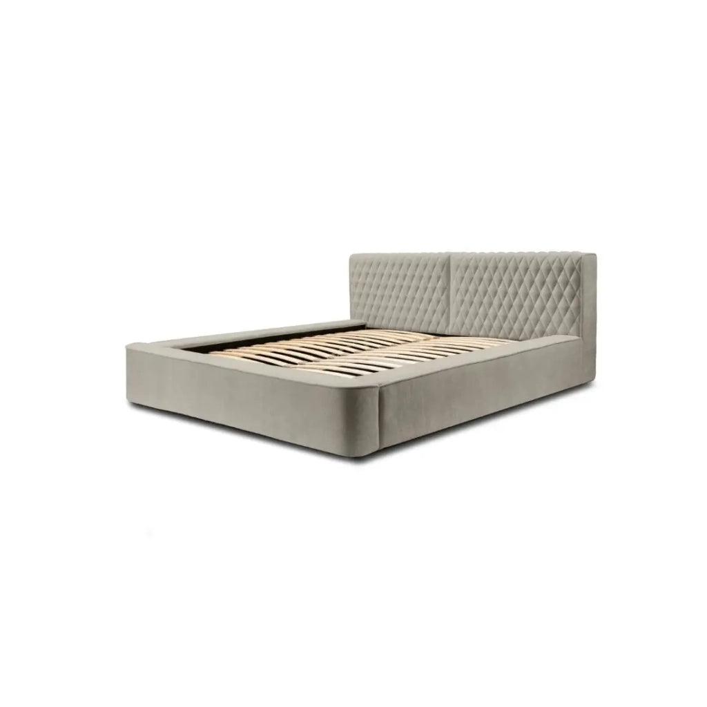 Letto contenitore VERNON – Tessuto bouclé di ciniglia color taupe fumé – 160x200 cm – Rete a doghe sollevabile – Design di alta gamma