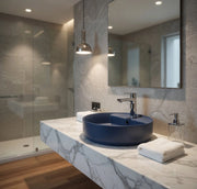 Lavabo tondo da appoggio senza troppo pieno in ceramica con foro rubinetto - Blu Opaco