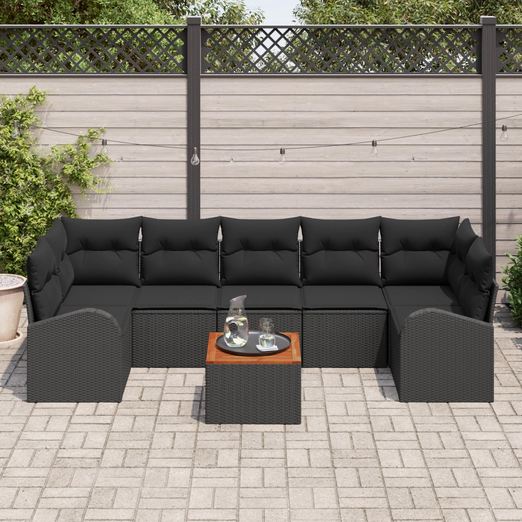 Set di Divani da Giardino a 8 Pezzi con Cuscini Nero Polyrattan Acacia