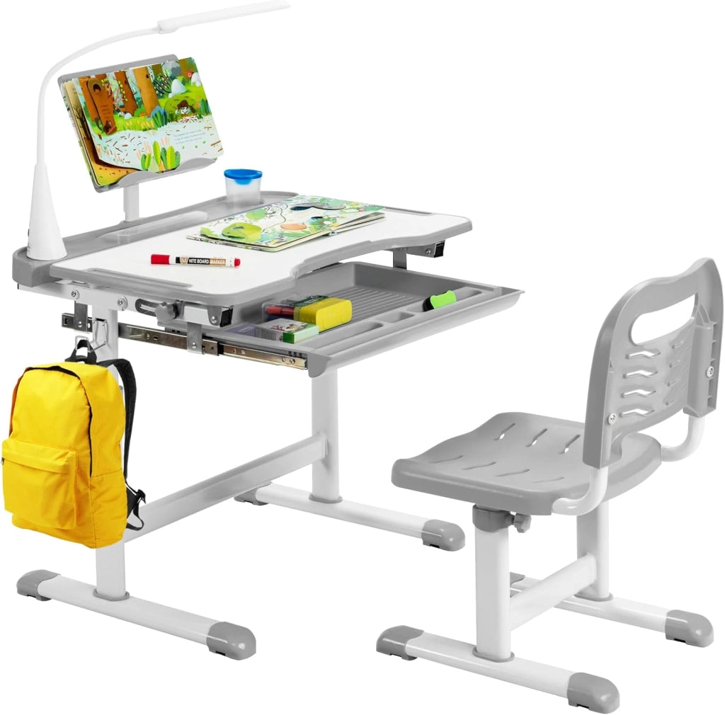 Set Scrivania e Sedia per Bambini, Tavolo Regolabile in Altezza con Piano Inclinabile 45° e Luce LED 3 Modalità, Tavolo e Sedia Ergonomica in Materiali Sicuri per 4+ Anni (Rosa)
