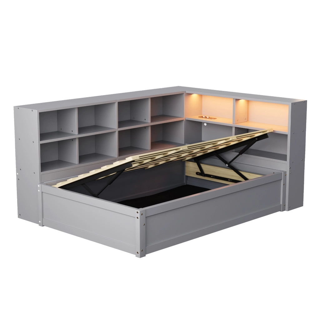 Letto multifunzione 90x200 cm in legno grigio con presa integrata; LED e vani contenitore