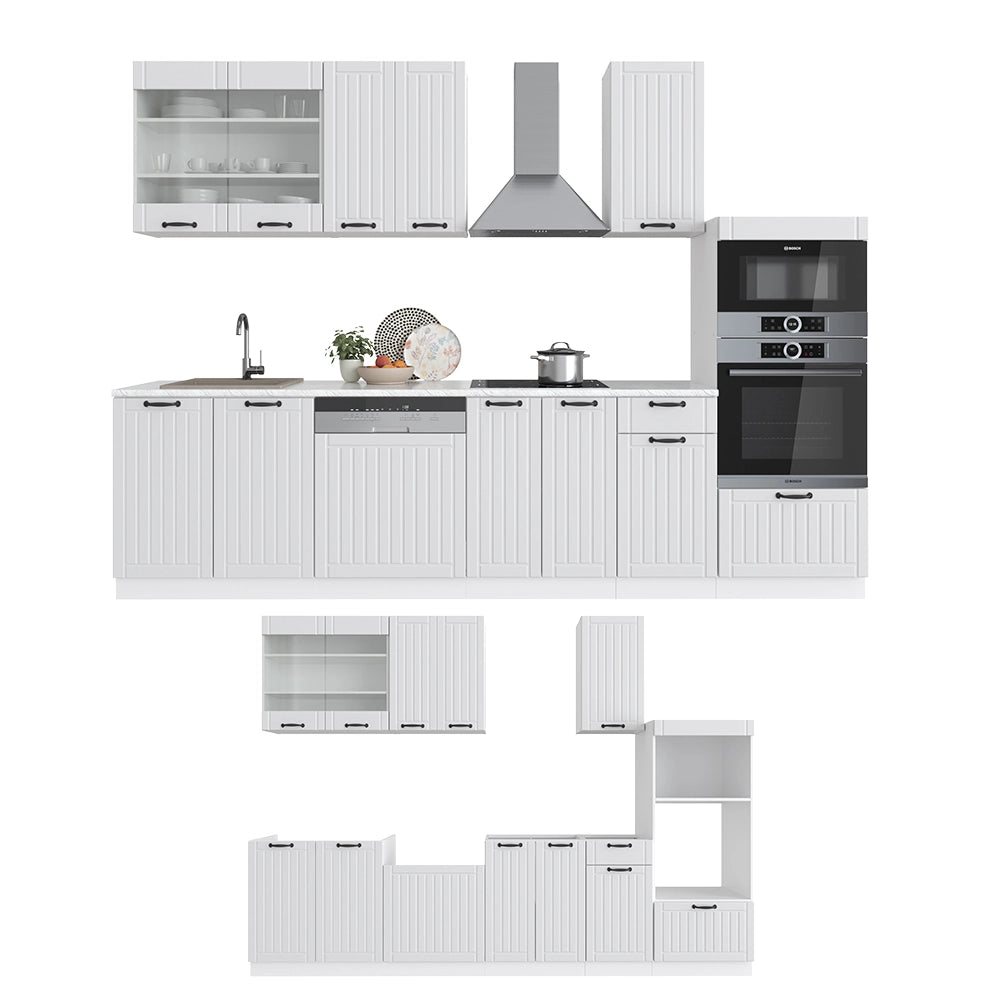 Cucina componibile Fame-Line Bianco rustico/Bianco 300 cm con armadio alto, PL Antracite Vicco